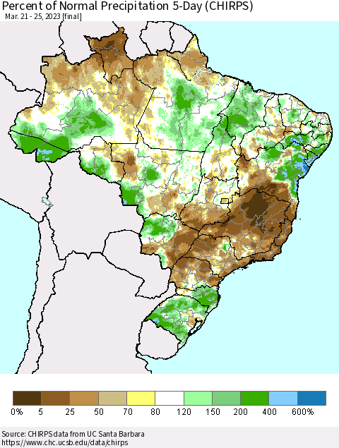Brazil Percent of Normal Precipitation 5-Day (CHIRPS) Thematic Map For 3/21/2023 - 3/25/2023