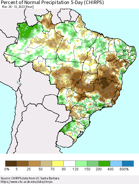 Brazil Percent of Normal Precipitation 5-Day (CHIRPS) Thematic Map For 3/26/2023 - 3/31/2023