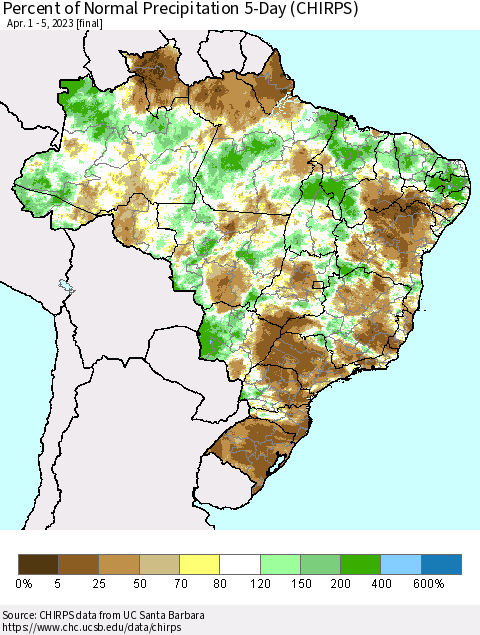 Brazil Percent of Normal Precipitation 5-Day (CHIRPS) Thematic Map For 4/1/2023 - 4/5/2023