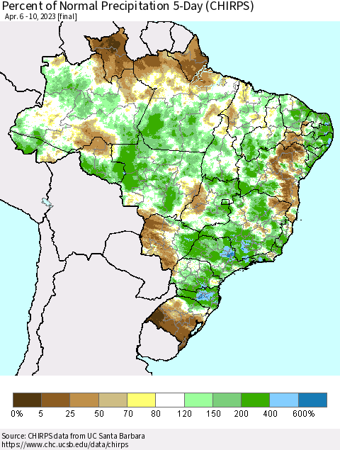 Brazil Percent of Normal Precipitation 5-Day (CHIRPS) Thematic Map For 4/6/2023 - 4/10/2023