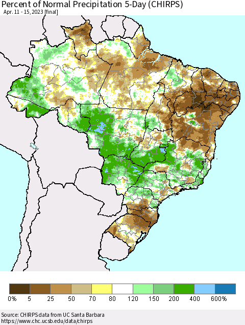 Brazil Percent of Normal Precipitation 5-Day (CHIRPS) Thematic Map For 4/11/2023 - 4/15/2023
