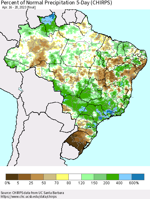 Brazil Percent of Normal Precipitation 5-Day (CHIRPS) Thematic Map For 4/16/2023 - 4/20/2023