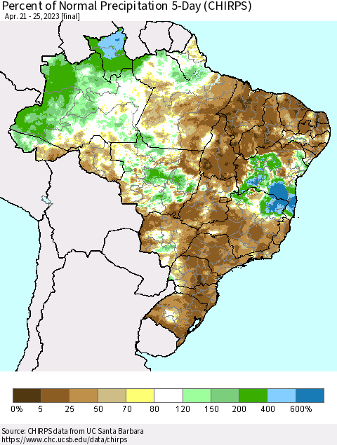 Brazil Percent of Normal Precipitation 5-Day (CHIRPS) Thematic Map For 4/21/2023 - 4/25/2023