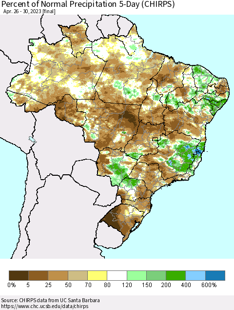 Brazil Percent of Normal Precipitation 5-Day (CHIRPS) Thematic Map For 4/26/2023 - 4/30/2023