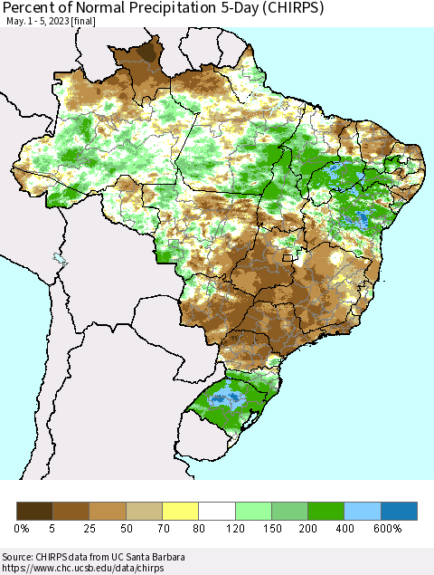 Brazil Percent of Normal Precipitation 5-Day (CHIRPS) Thematic Map For 5/1/2023 - 5/5/2023