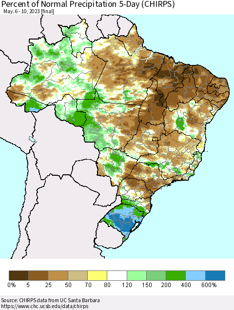 Brazil Percent of Normal Precipitation 5-Day (CHIRPS) Thematic Map For 5/6/2023 - 5/10/2023