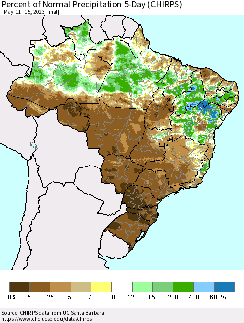 Brazil Percent of Normal Precipitation 5-Day (CHIRPS) Thematic Map For 5/11/2023 - 5/15/2023