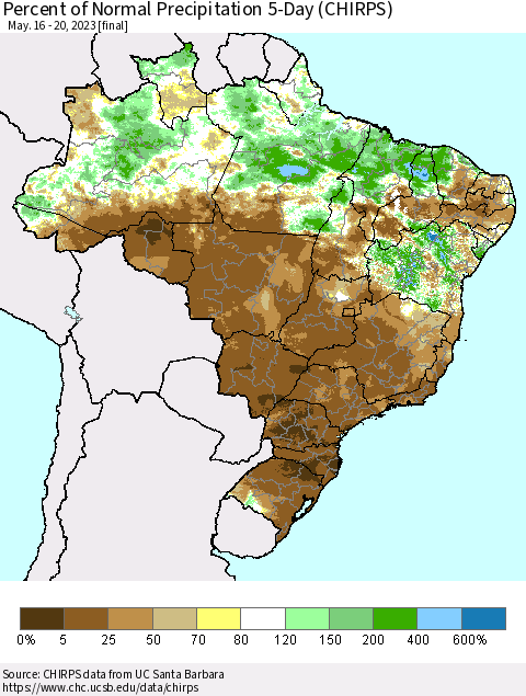 Brazil Percent of Normal Precipitation 5-Day (CHIRPS) Thematic Map For 5/16/2023 - 5/20/2023