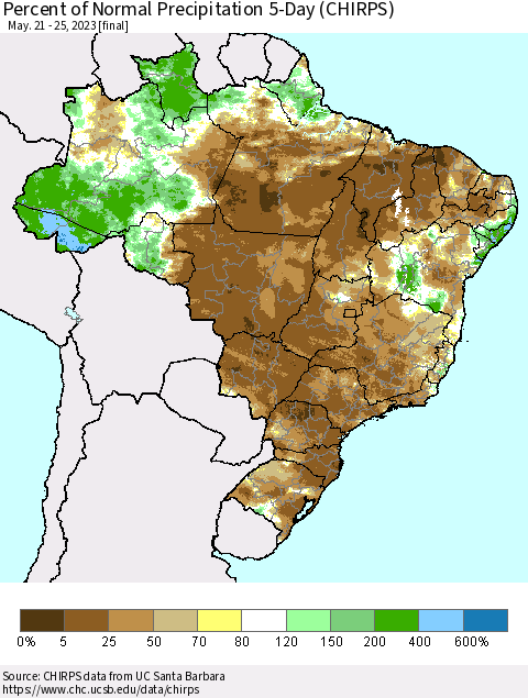 Brazil Percent of Normal Precipitation 5-Day (CHIRPS) Thematic Map For 5/21/2023 - 5/25/2023