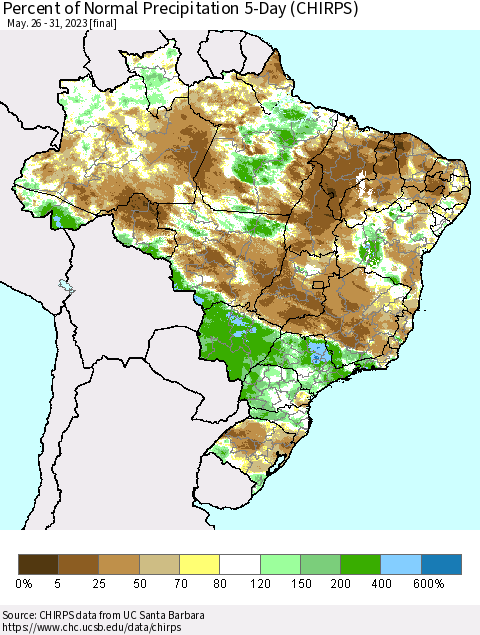 Brazil Percent of Normal Precipitation 5-Day (CHIRPS) Thematic Map For 5/26/2023 - 5/31/2023