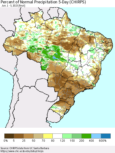 Brazil Percent of Normal Precipitation 5-Day (CHIRPS) Thematic Map For 6/1/2023 - 6/5/2023
