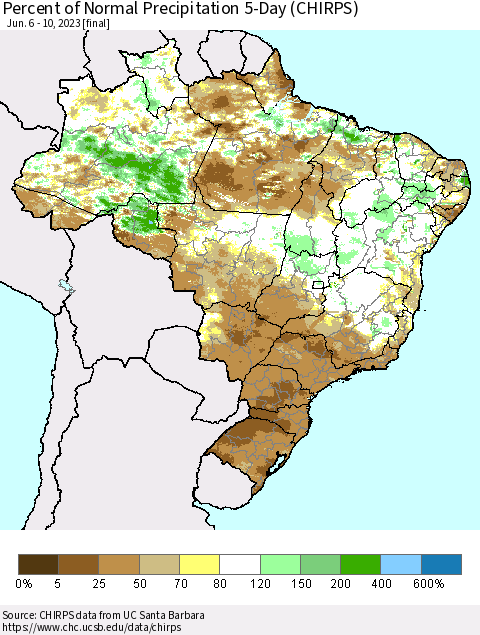 Brazil Percent of Normal Precipitation 5-Day (CHIRPS) Thematic Map For 6/6/2023 - 6/10/2023