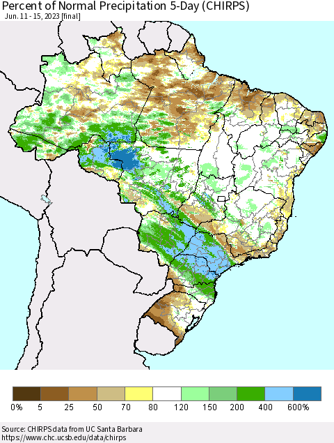 Brazil Percent of Normal Precipitation 5-Day (CHIRPS) Thematic Map For 6/11/2023 - 6/15/2023