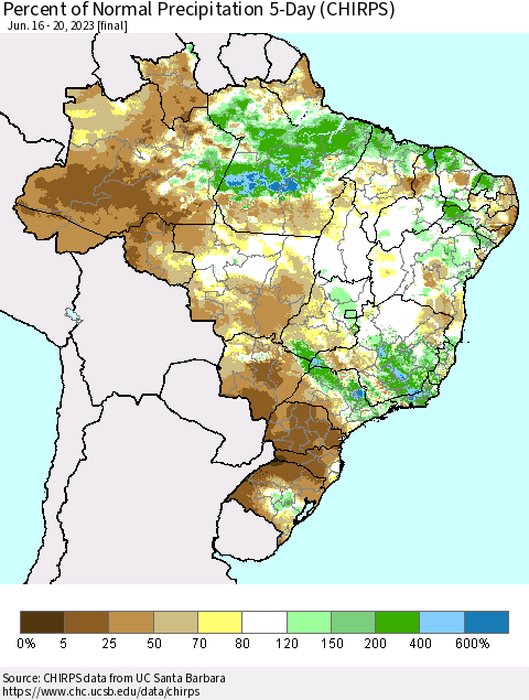 Brazil Percent of Normal Precipitation 5-Day (CHIRPS) Thematic Map For 6/16/2023 - 6/20/2023