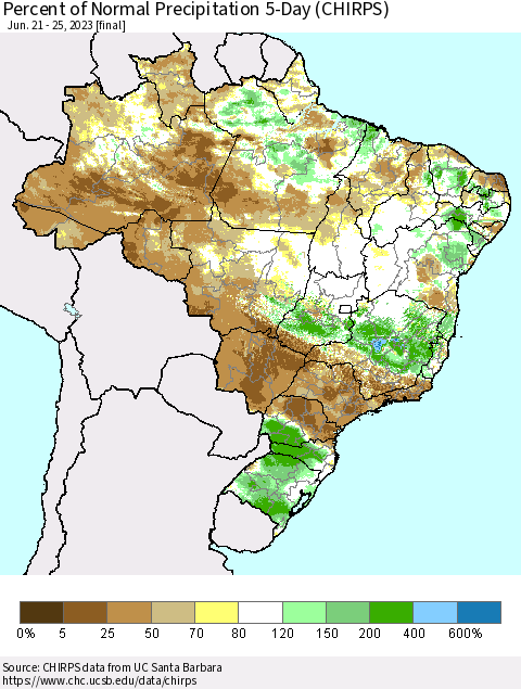 Brazil Percent of Normal Precipitation 5-Day (CHIRPS) Thematic Map For 6/21/2023 - 6/25/2023