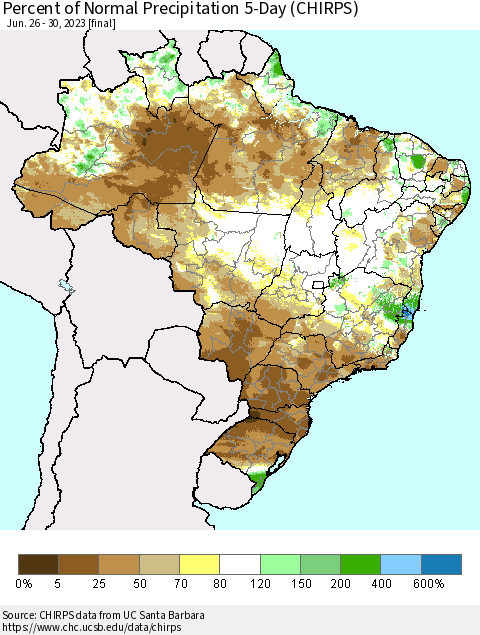 Brazil Percent of Normal Precipitation 5-Day (CHIRPS) Thematic Map For 6/26/2023 - 6/30/2023
