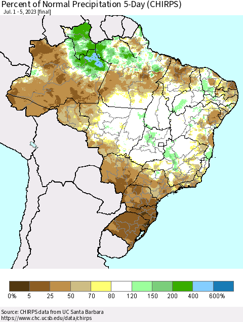 Brazil Percent of Normal Precipitation 5-Day (CHIRPS) Thematic Map For 7/1/2023 - 7/5/2023