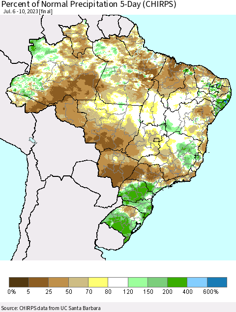 Brazil Percent of Normal Precipitation 5-Day (CHIRPS) Thematic Map For 7/6/2023 - 7/10/2023