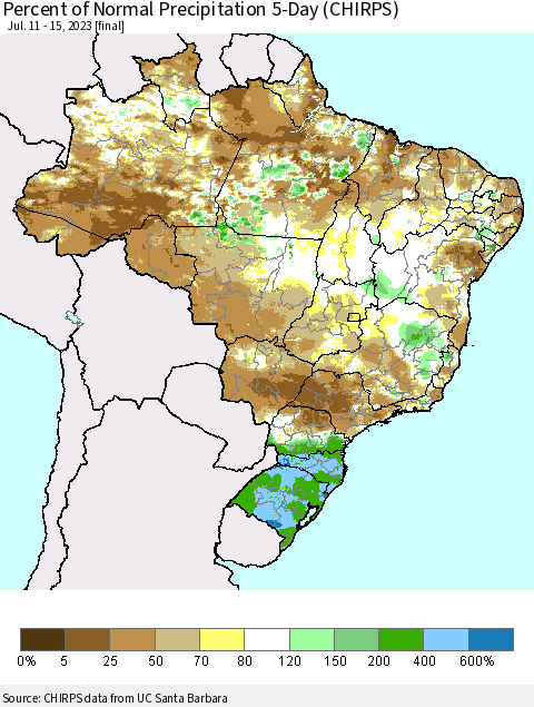Brazil Percent of Normal Precipitation 5-Day (CHIRPS) Thematic Map For 7/11/2023 - 7/15/2023