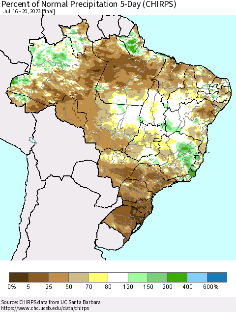 Brazil Percent of Normal Precipitation 5-Day (CHIRPS) Thematic Map For 7/16/2023 - 7/20/2023