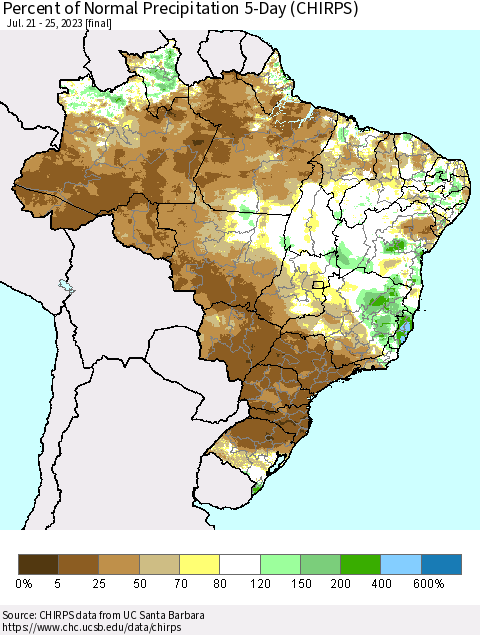 Brazil Percent of Normal Precipitation 5-Day (CHIRPS) Thematic Map For 7/21/2023 - 7/25/2023