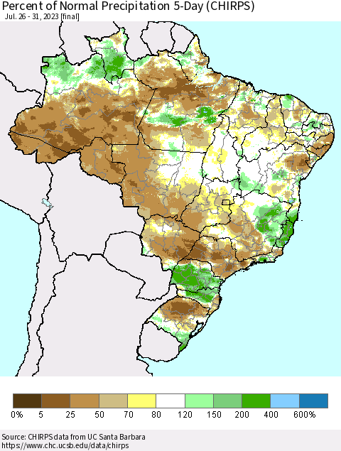 Brazil Percent of Normal Precipitation 5-Day (CHIRPS) Thematic Map For 7/26/2023 - 7/31/2023