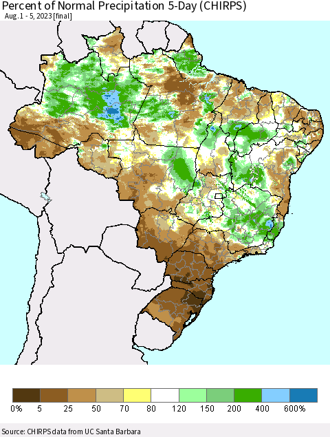 Brazil Percent of Normal Precipitation 5-Day (CHIRPS) Thematic Map For 8/1/2023 - 8/5/2023