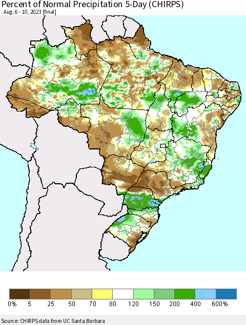 Brazil Percent of Normal Precipitation 5-Day (CHIRPS) Thematic Map For 8/6/2023 - 8/10/2023
