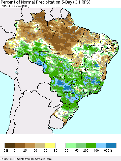 Brazil Percent of Normal Precipitation 5-Day (CHIRPS) Thematic Map For 8/11/2023 - 8/15/2023