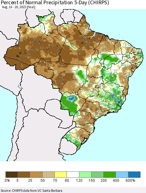 Brazil Percent of Normal Precipitation 5-Day (CHIRPS) Thematic Map For 8/16/2023 - 8/20/2023