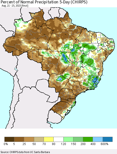 Brazil Percent of Normal Precipitation 5-Day (CHIRPS) Thematic Map For 8/21/2023 - 8/25/2023