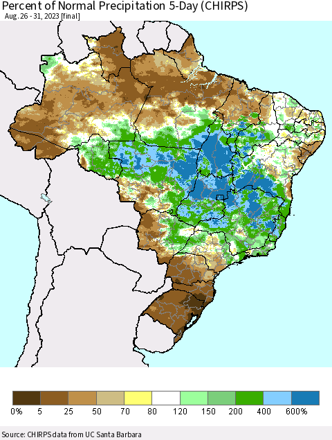 Brazil Percent of Normal Precipitation 5-Day (CHIRPS) Thematic Map For 8/26/2023 - 8/31/2023