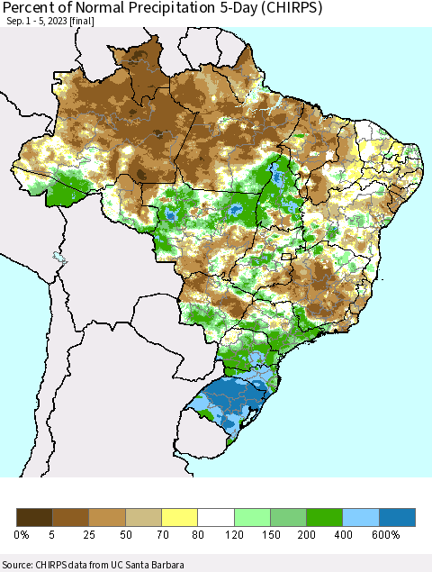 Brazil Percent of Normal Precipitation 5-Day (CHIRPS) Thematic Map For 9/1/2023 - 9/5/2023