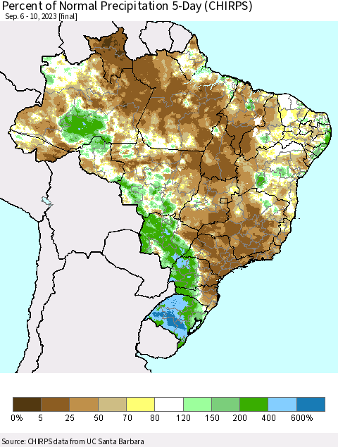 Brazil Percent of Normal Precipitation 5-Day (CHIRPS) Thematic Map For 9/6/2023 - 9/10/2023