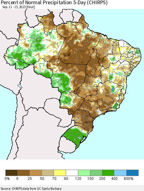Brazil Percent of Normal Precipitation 5-Day (CHIRPS) Thematic Map For 9/11/2023 - 9/15/2023