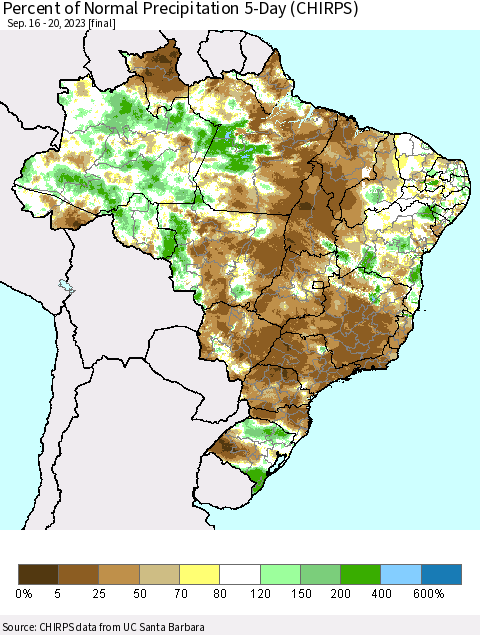Brazil Percent of Normal Precipitation 5-Day (CHIRPS) Thematic Map For 9/16/2023 - 9/20/2023