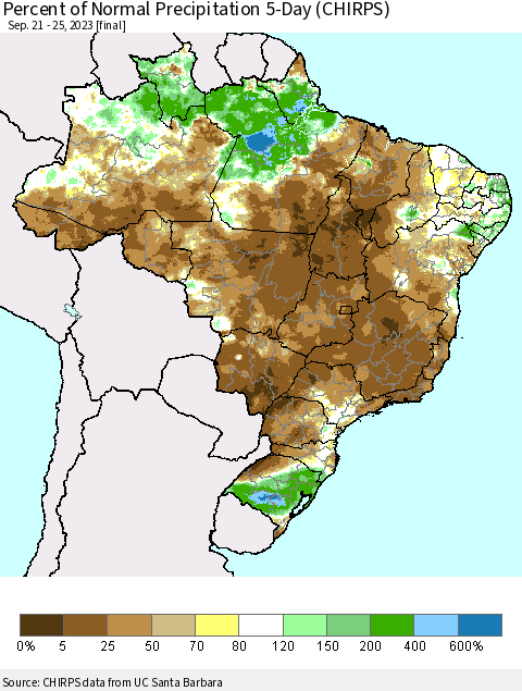 Brazil Percent of Normal Precipitation 5-Day (CHIRPS) Thematic Map For 9/21/2023 - 9/25/2023