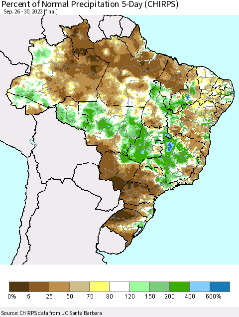 Brazil Percent of Normal Precipitation 5-Day (CHIRPS) Thematic Map For 9/26/2023 - 9/30/2023