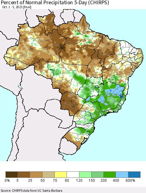 Brazil Percent of Normal Precipitation 5-Day (CHIRPS) Thematic Map For 10/1/2023 - 10/5/2023