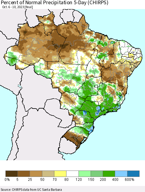 Brazil Percent of Normal Precipitation 5-Day (CHIRPS) Thematic Map For 10/6/2023 - 10/10/2023