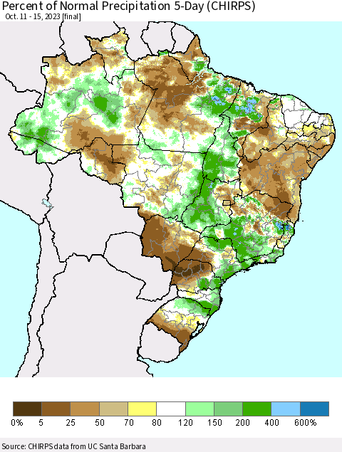 Brazil Percent of Normal Precipitation 5-Day (CHIRPS) Thematic Map For 10/11/2023 - 10/15/2023