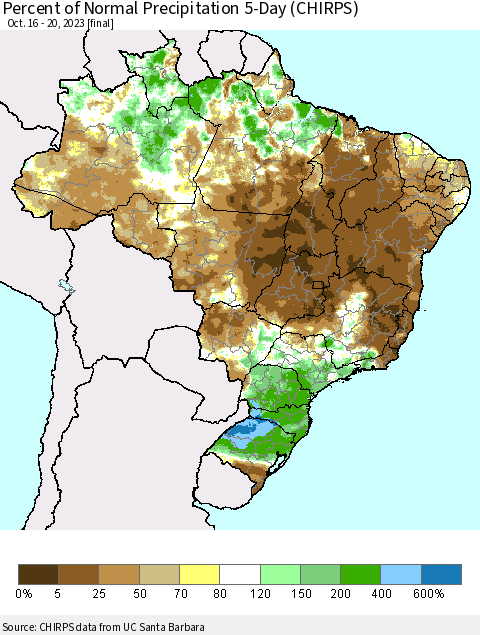 Brazil Percent of Normal Precipitation 5-Day (CHIRPS) Thematic Map For 10/16/2023 - 10/20/2023
