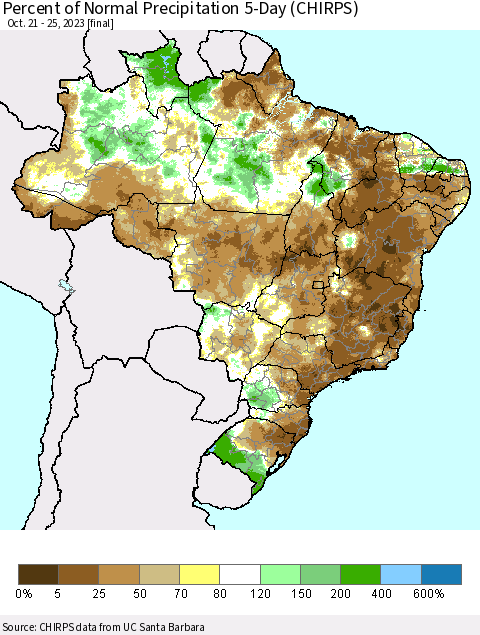 Brazil Percent of Normal Precipitation 5-Day (CHIRPS) Thematic Map For 10/21/2023 - 10/25/2023