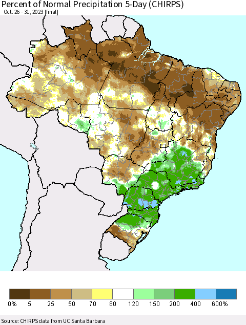 Brazil Percent of Normal Precipitation 5-Day (CHIRPS) Thematic Map For 10/26/2023 - 10/31/2023