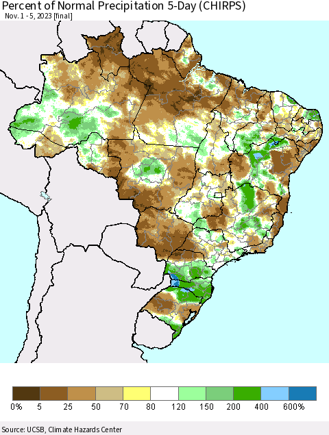 Brazil Percent of Normal Precipitation 5-Day (CHIRPS) Thematic Map For 11/1/2023 - 11/5/2023