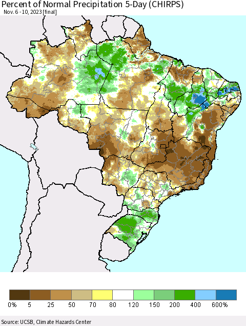 Brazil Percent of Normal Precipitation 5-Day (CHIRPS) Thematic Map For 11/6/2023 - 11/10/2023