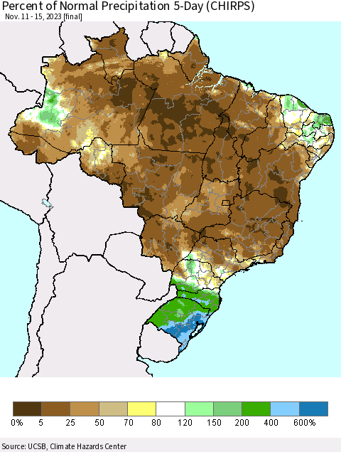 Brazil Percent of Normal Precipitation 5-Day (CHIRPS) Thematic Map For 11/11/2023 - 11/15/2023