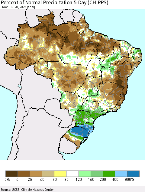 Brazil Percent of Normal Precipitation 5-Day (CHIRPS) Thematic Map For 11/16/2023 - 11/20/2023