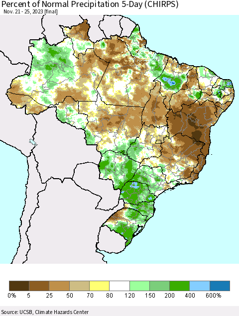 Brazil Percent of Normal Precipitation 5-Day (CHIRPS) Thematic Map For 11/21/2023 - 11/25/2023