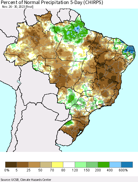 Brazil Percent of Normal Precipitation 5-Day (CHIRPS) Thematic Map For 11/26/2023 - 11/30/2023